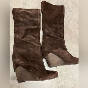 Fergie Brown Tall Suede Boots 3.75” heel - size 6.5